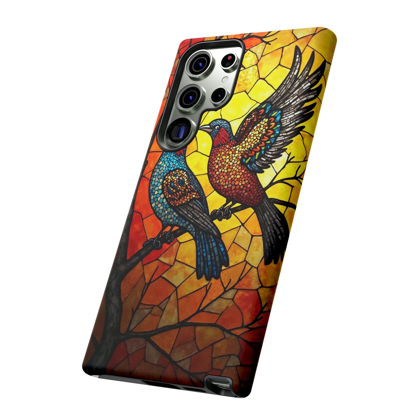 Vibrant Hummingbirds with Stained Glass Charm