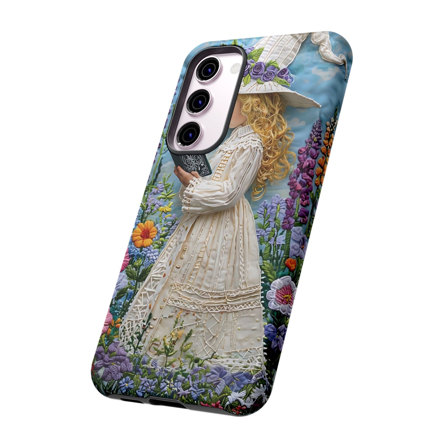 Whimsical Embroidery Of A Girl Reading In A Garden phone case design.