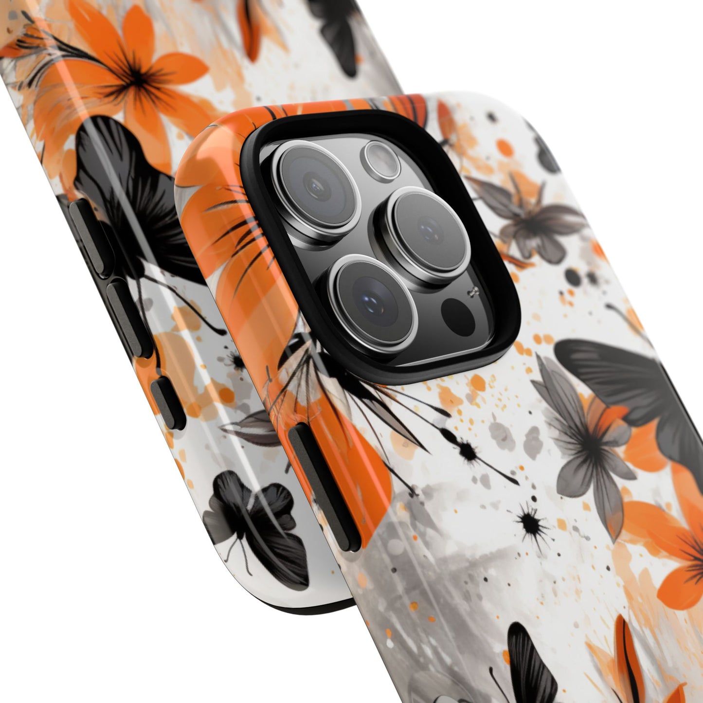 Bold Butterfly & Floral Splash Mobile Cover – Black & Orange Aesthetic
