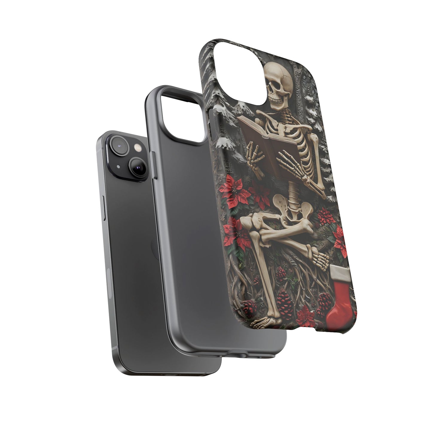 Surreal Relief Sculpture of Skeleton Reading Amidst Festive Decor phone case design