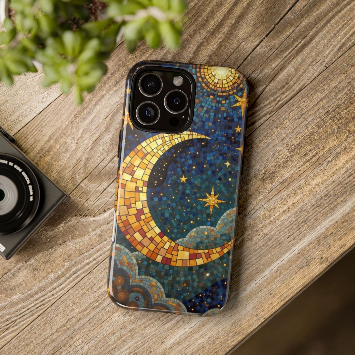 Golden Crescent: Mosaic Moon and Starry Night