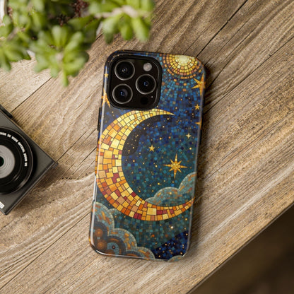 Golden Crescent: Mosaic Moon and Starry Night