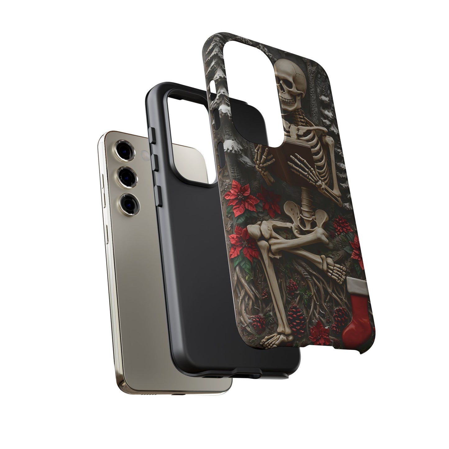 Surreal Relief Sculpture of Skeleton Reading Amidst Festive Decor phone case design