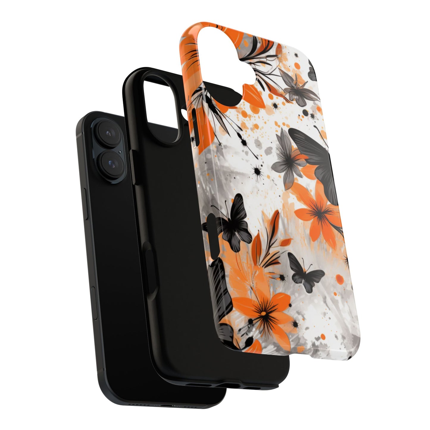 Bold Butterfly & Floral Splash Mobile Cover – Black & Orange Aesthetic