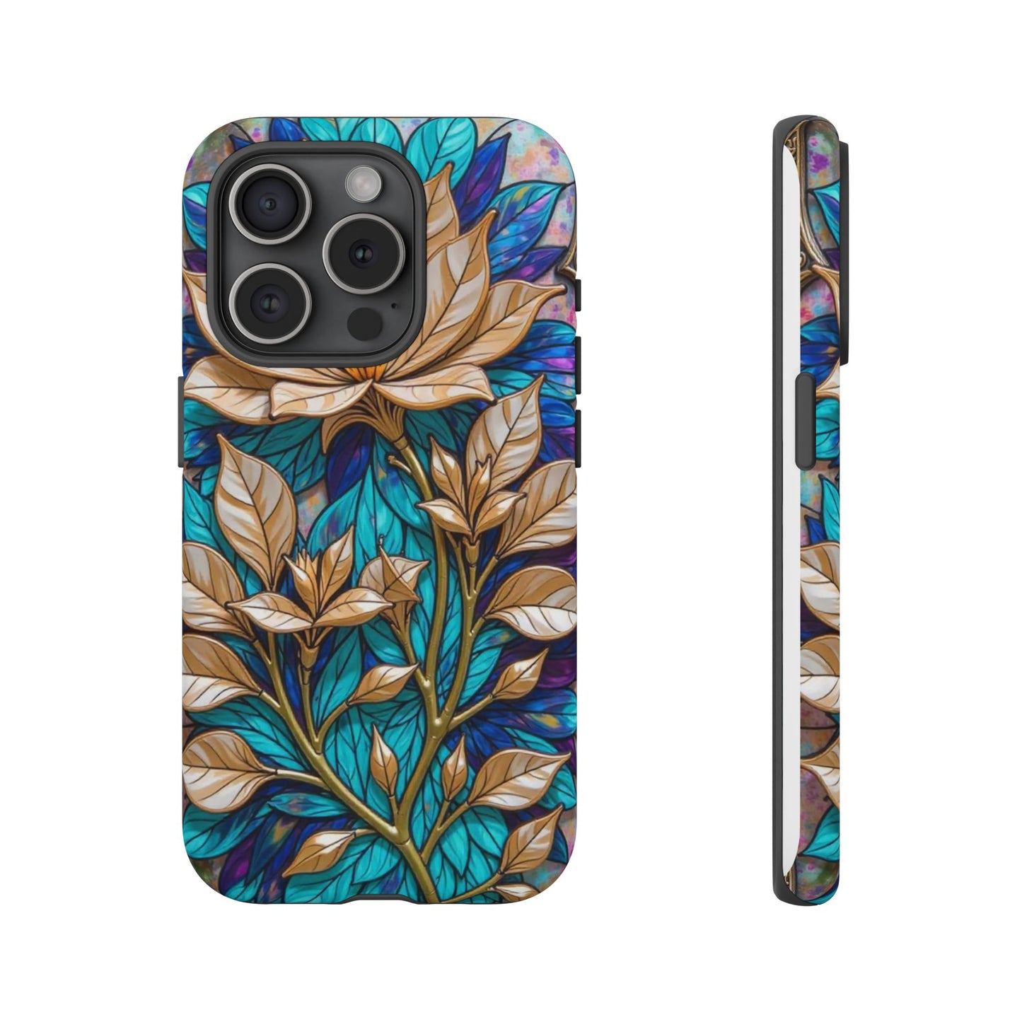 Majestic Golden Blossoms on Mosaic Blue Splendor
