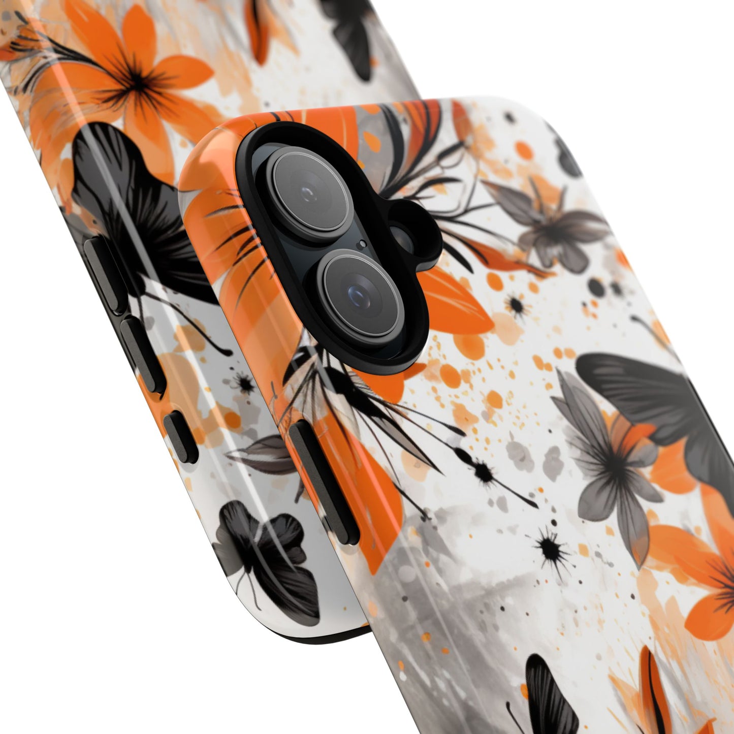 Bold Butterfly & Floral Splash Mobile Cover – Black & Orange Aesthetic
