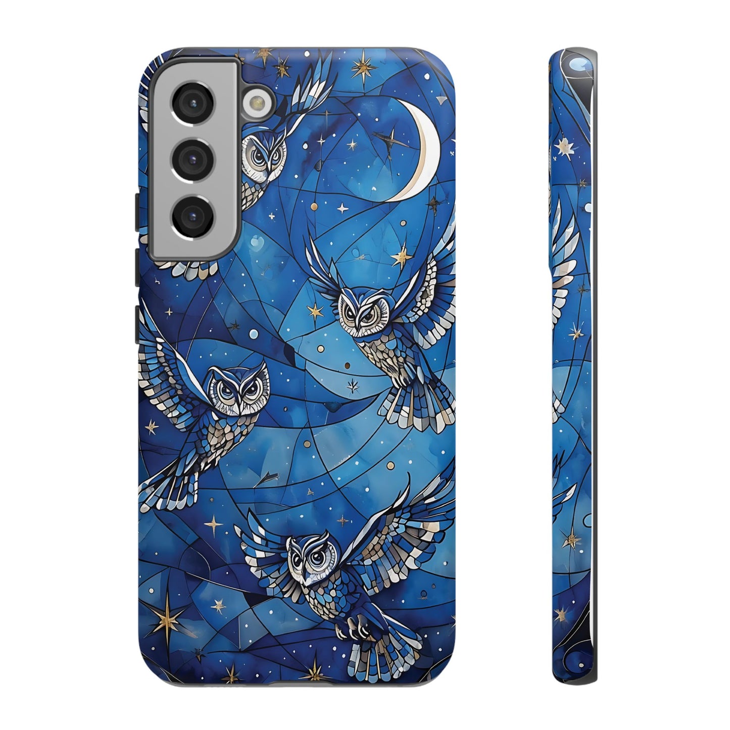 Surrealistic Owls Soaring Through A Celestial Night Sky phone case design.