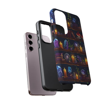 Fantasy Seamless Pattern Of Wooden Shelves Filled With Mystical Items phone case design.