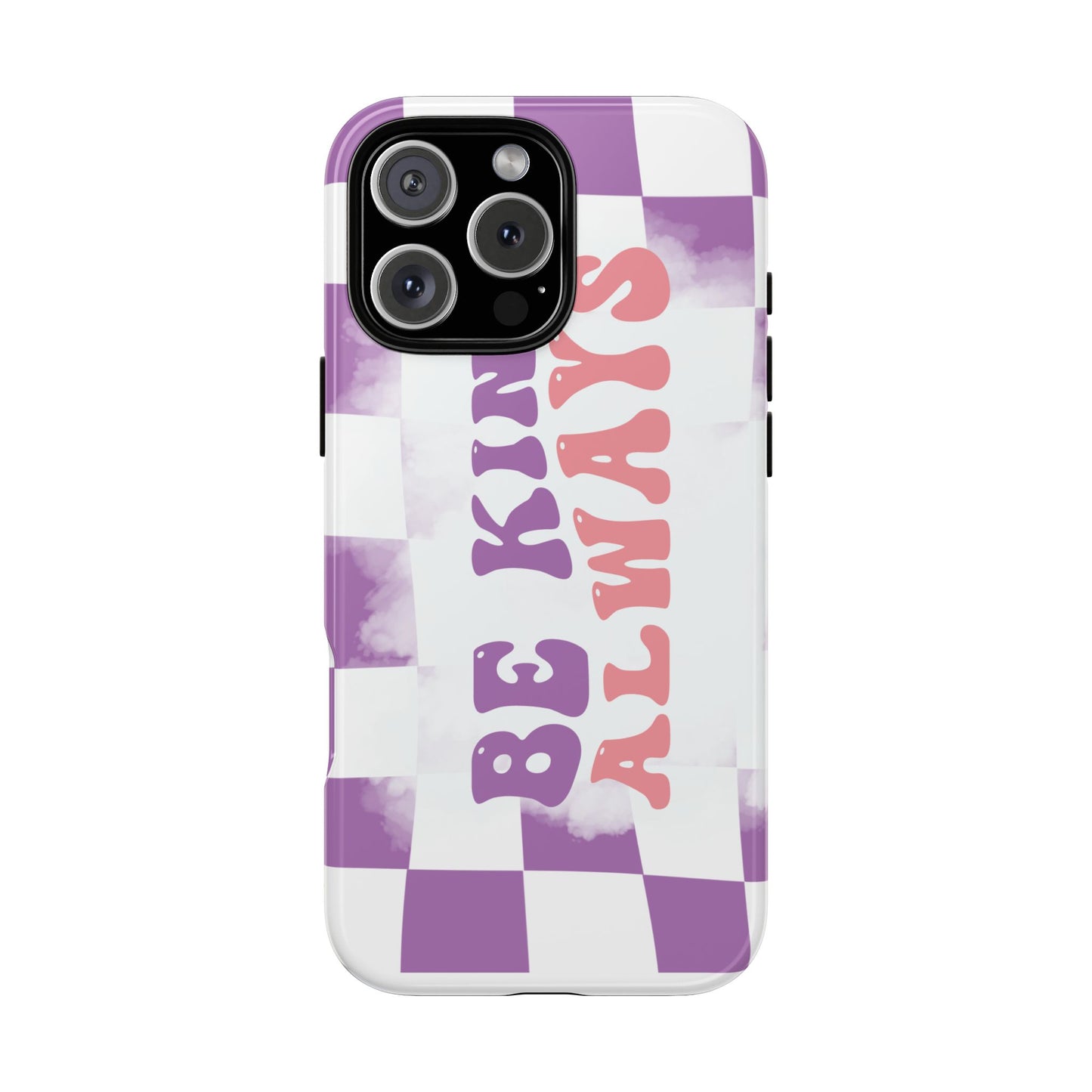 Be Kind Always Phone Case, Motivational Quote Cover for iPhone, Samsung & Google Pixel White Purple Checkered Pattern Phone Cover, Wavy Text Case, Kindness Phone Case, Inspirational Gift