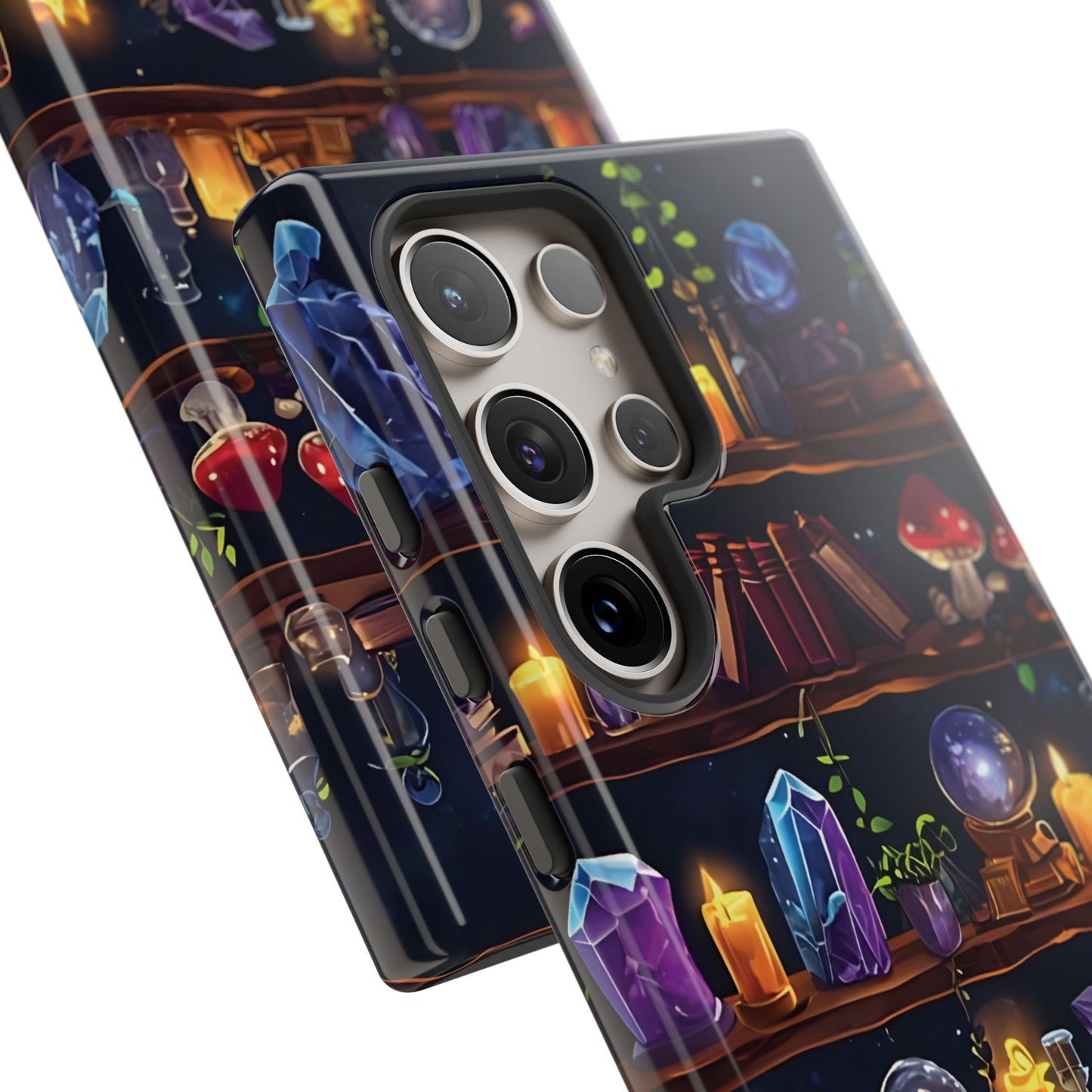 Fantasy Seamless Pattern Of Wooden Shelves Filled With Mystical Items phone case design.