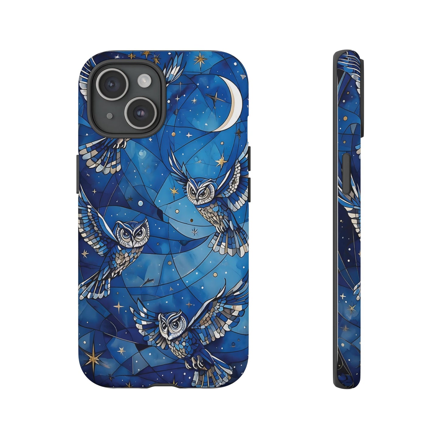 Surrealistic Owls Soaring Through A Celestial Night Sky phone case design.