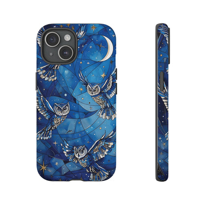 Surrealistic Owls Soaring Through A Celestial Night Sky phone case design.