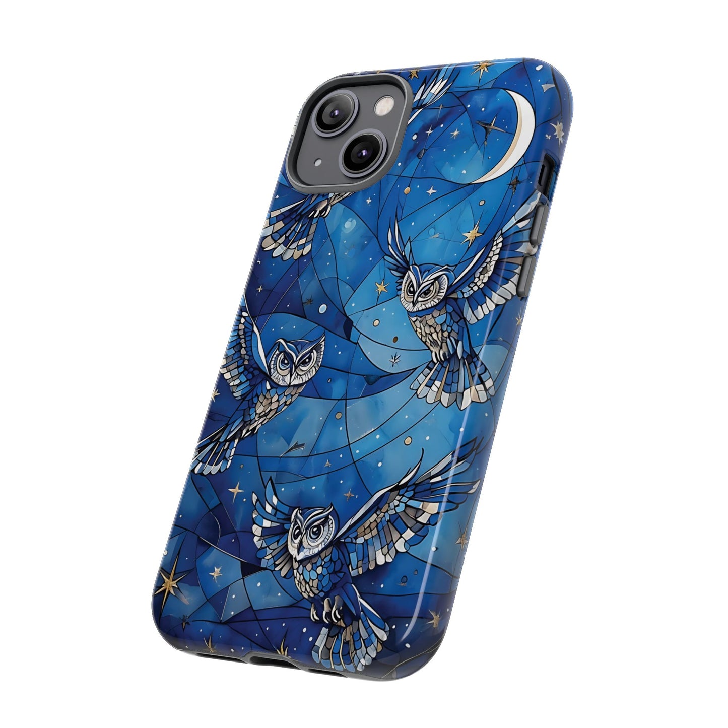 Surrealistic Owls Soaring Through A Celestial Night Sky phone case design.