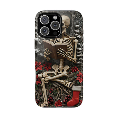 Surreal Relief Sculpture of Skeleton Reading Amidst Festive Decor phone case design