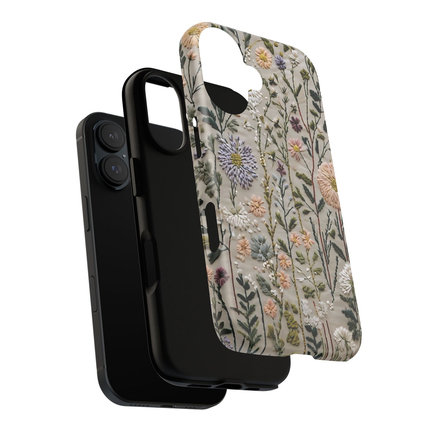 Intricate Embroidery Artwork Featuring Botanical Elements On Beige phone case design.