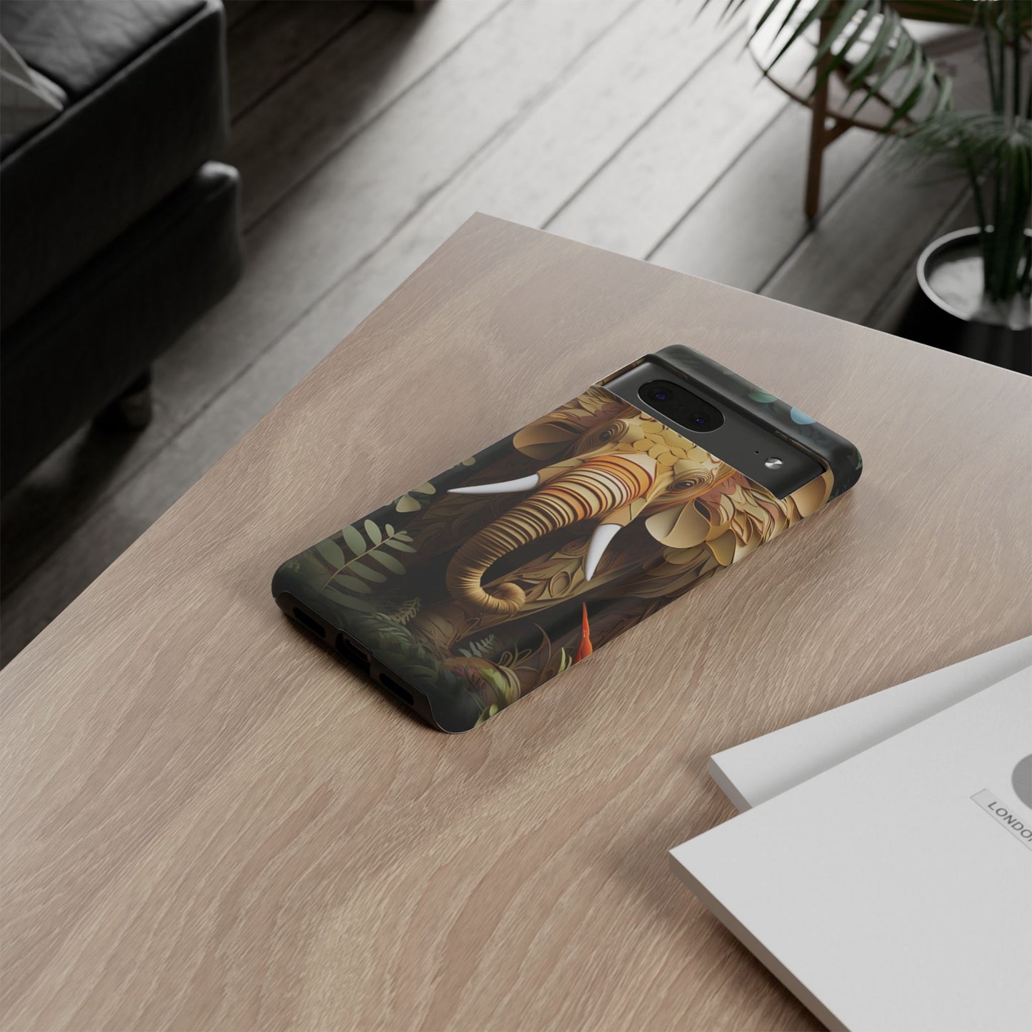 Golden Jungle Elephant Mobile Cover – Intricate Paper Art Design