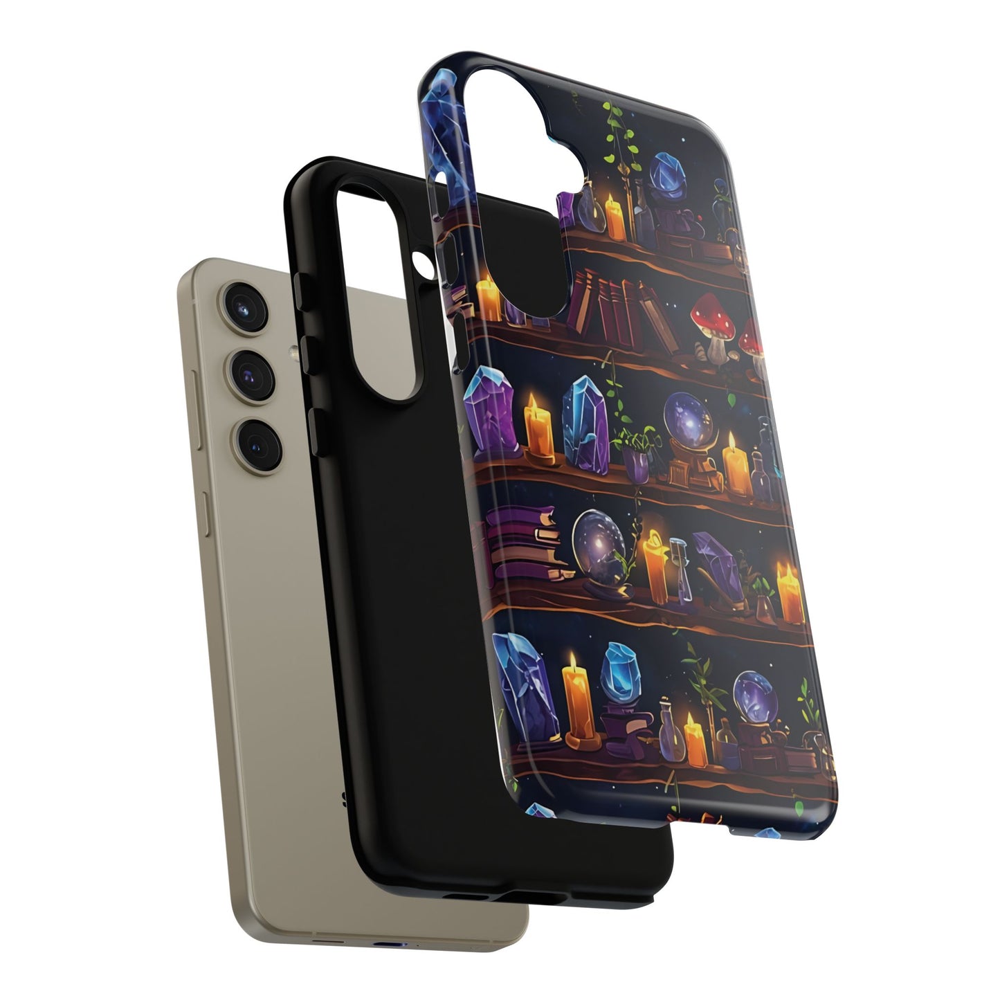 Fantasy Seamless Pattern Of Wooden Shelves Filled With Mystical Items phone case design.
