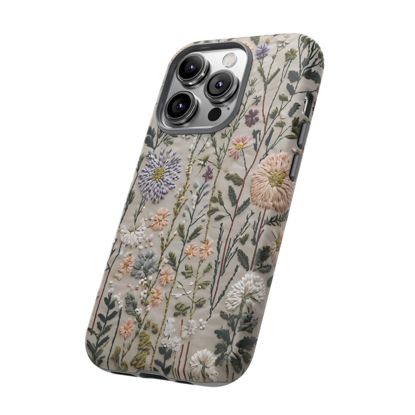 Intricate Embroidery Artwork Featuring Botanical Elements On Beige phone case design.
