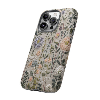 Intricate Embroidery Artwork Featuring Botanical Elements On Beige phone case design.