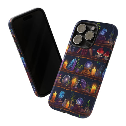 Fantasy Seamless Pattern Of Wooden Shelves Filled With Mystical Items phone case design.