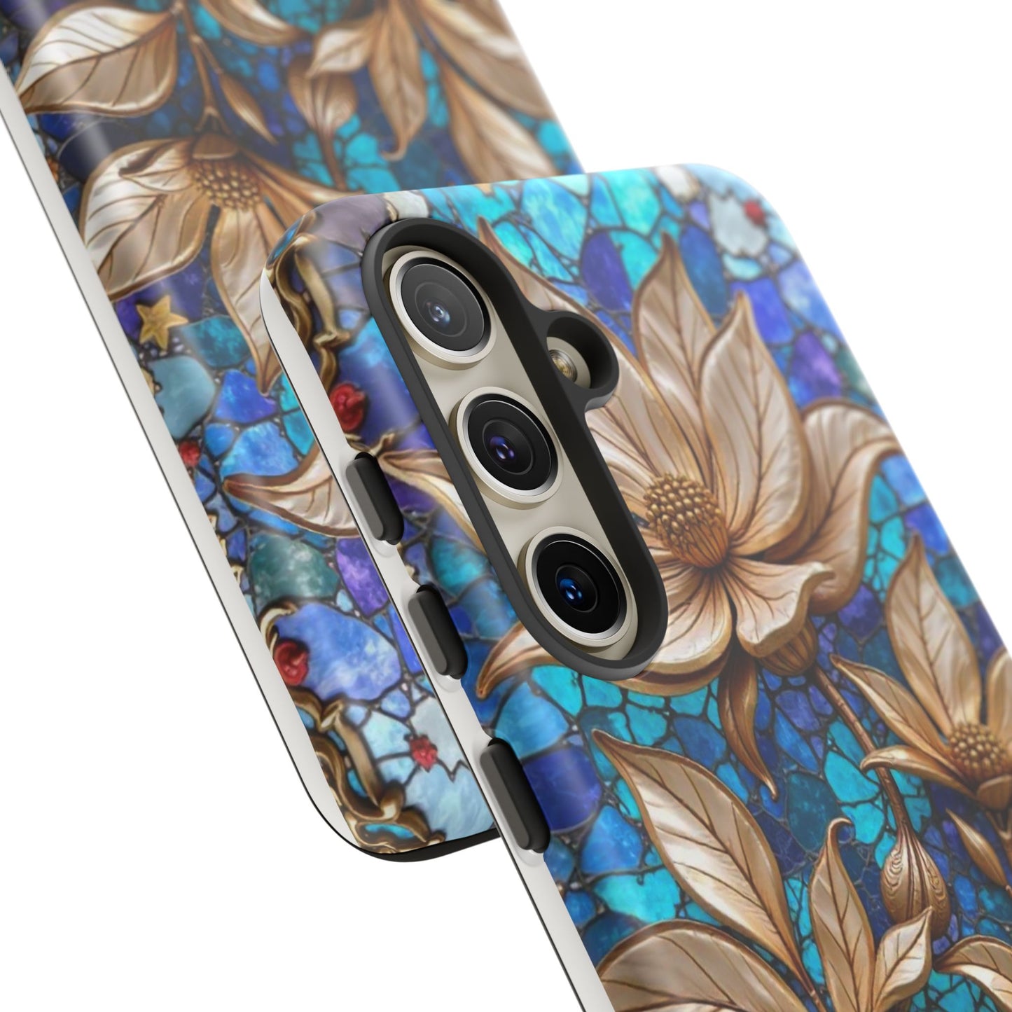 Golden Blossoms on Mosaic Blue Elegance