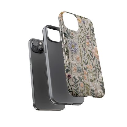 Intricate Embroidery Artwork Featuring Botanical Elements On Beige phone case design.