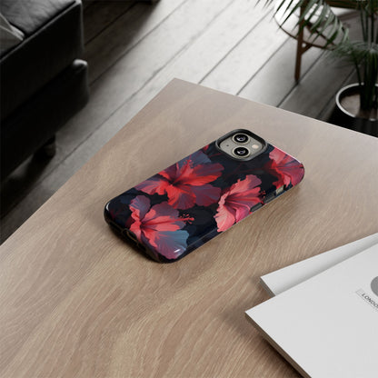 Vibrant red and pink hibiscus flowers blooming against a dark background| Floral phone case design