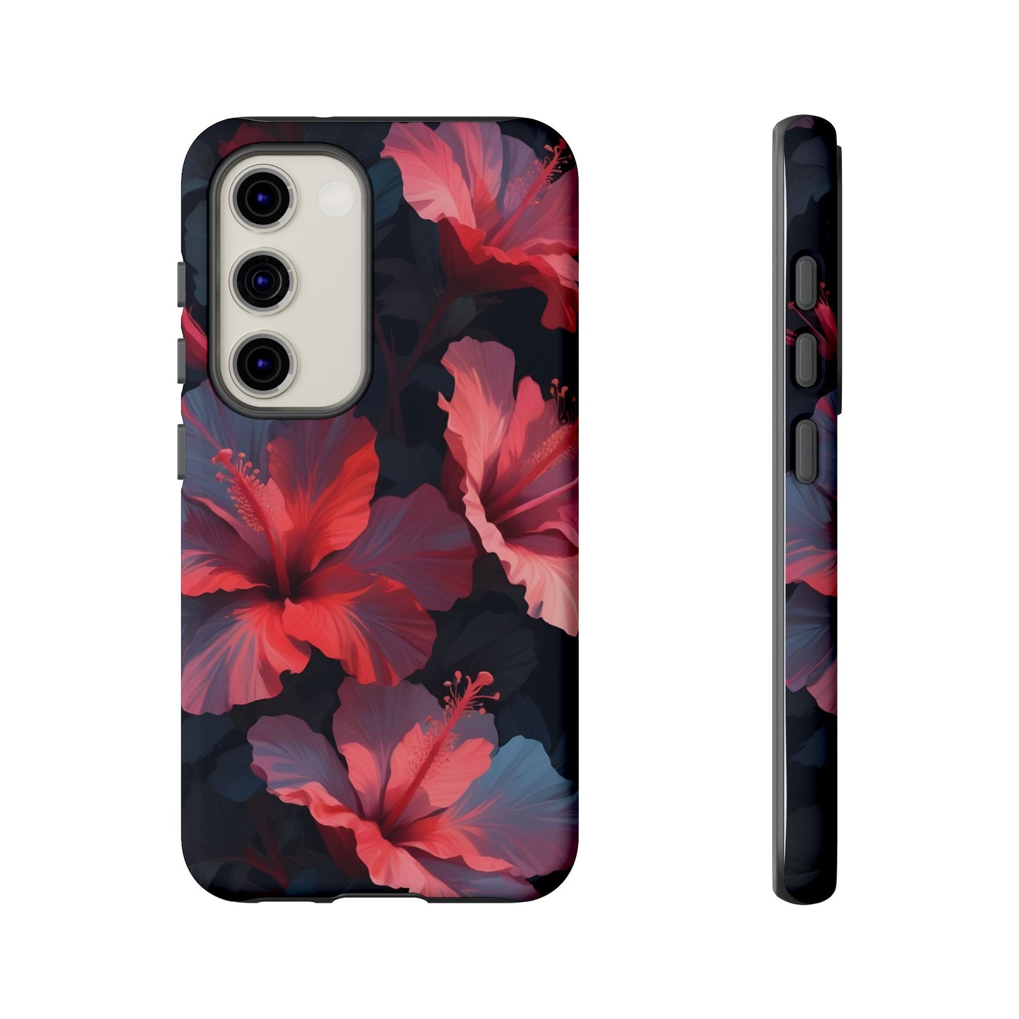 Vibrant red and pink hibiscus flowers blooming against a dark background| Floral phone case design