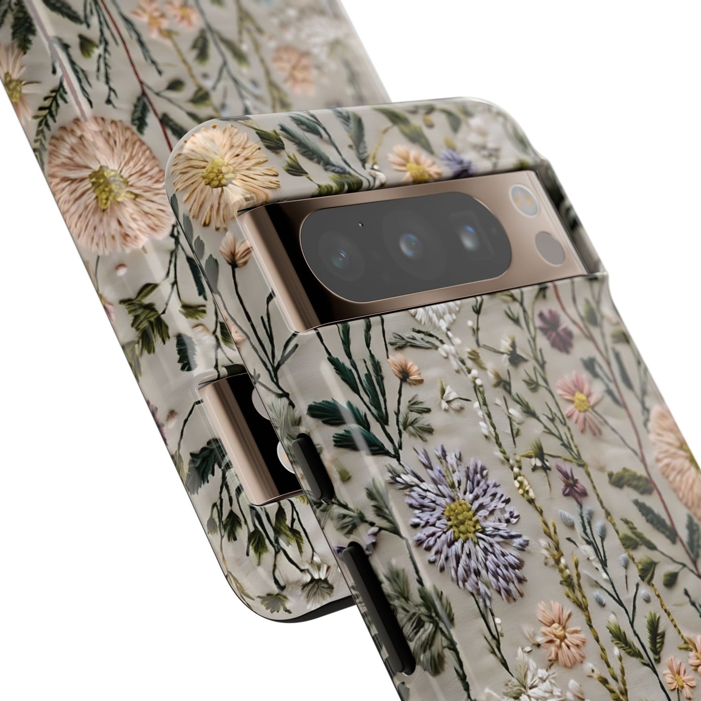 Intricate Embroidery Artwork Featuring Botanical Elements On Beige phone case design.