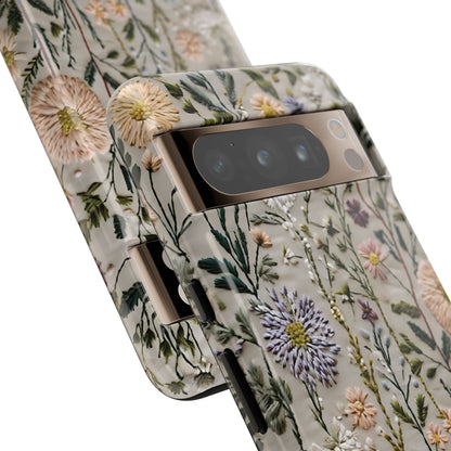 Intricate Embroidery Artwork Featuring Botanical Elements On Beige phone case design.