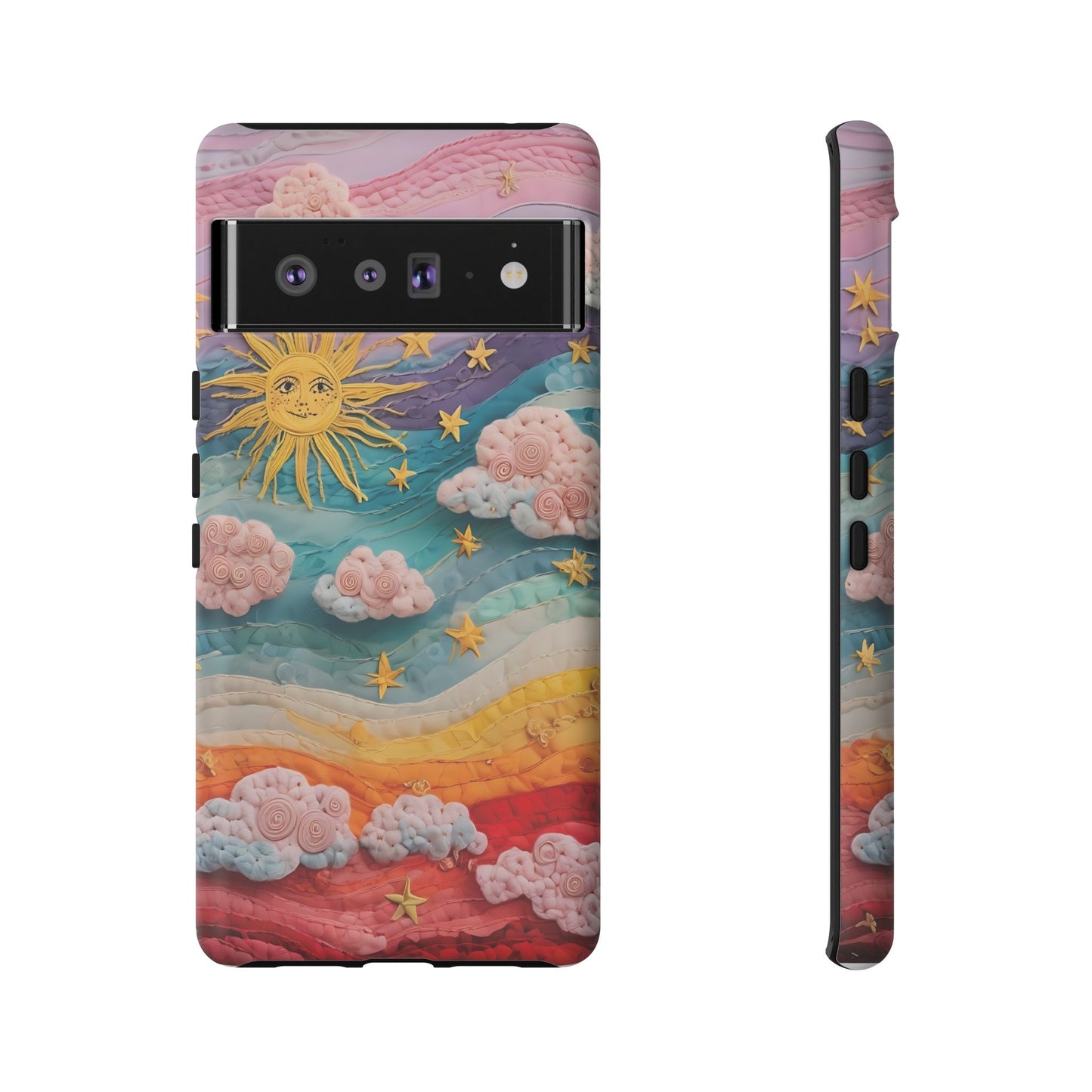 Whimsical Fiber Art Sky Scene With Dynamic Stripes And Clouds phone case design.