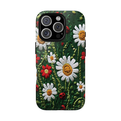 Intricate Embroidered Fabric Featuring Daisies And Ladybugs phone case design