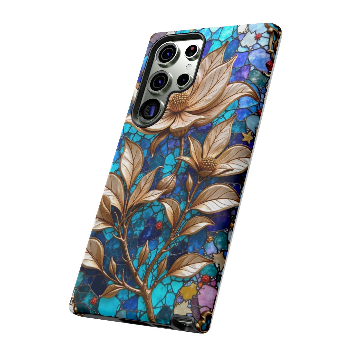 Golden Blossoms on Mosaic Blue Elegance