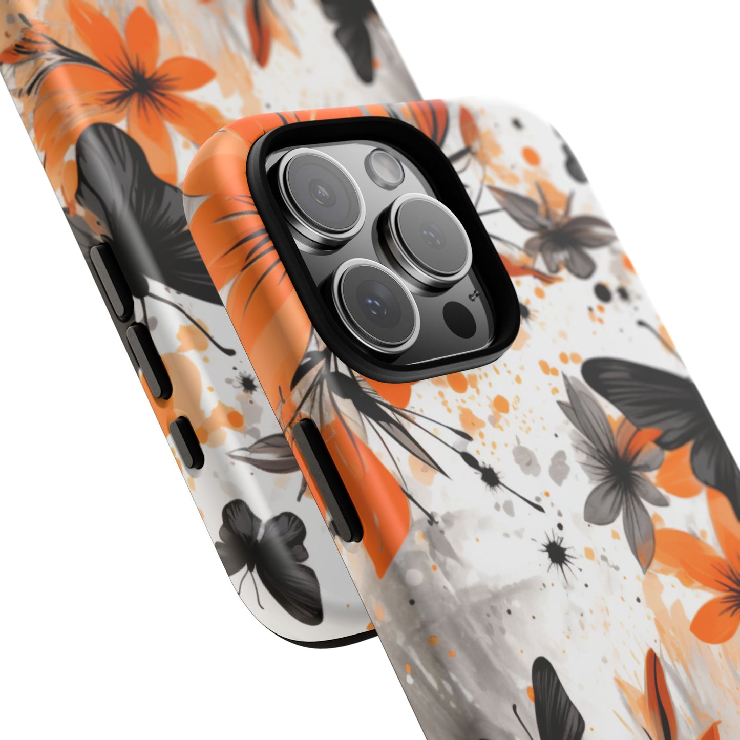 Bold Butterfly & Floral Splash Mobile Cover – Black & Orange Aesthetic