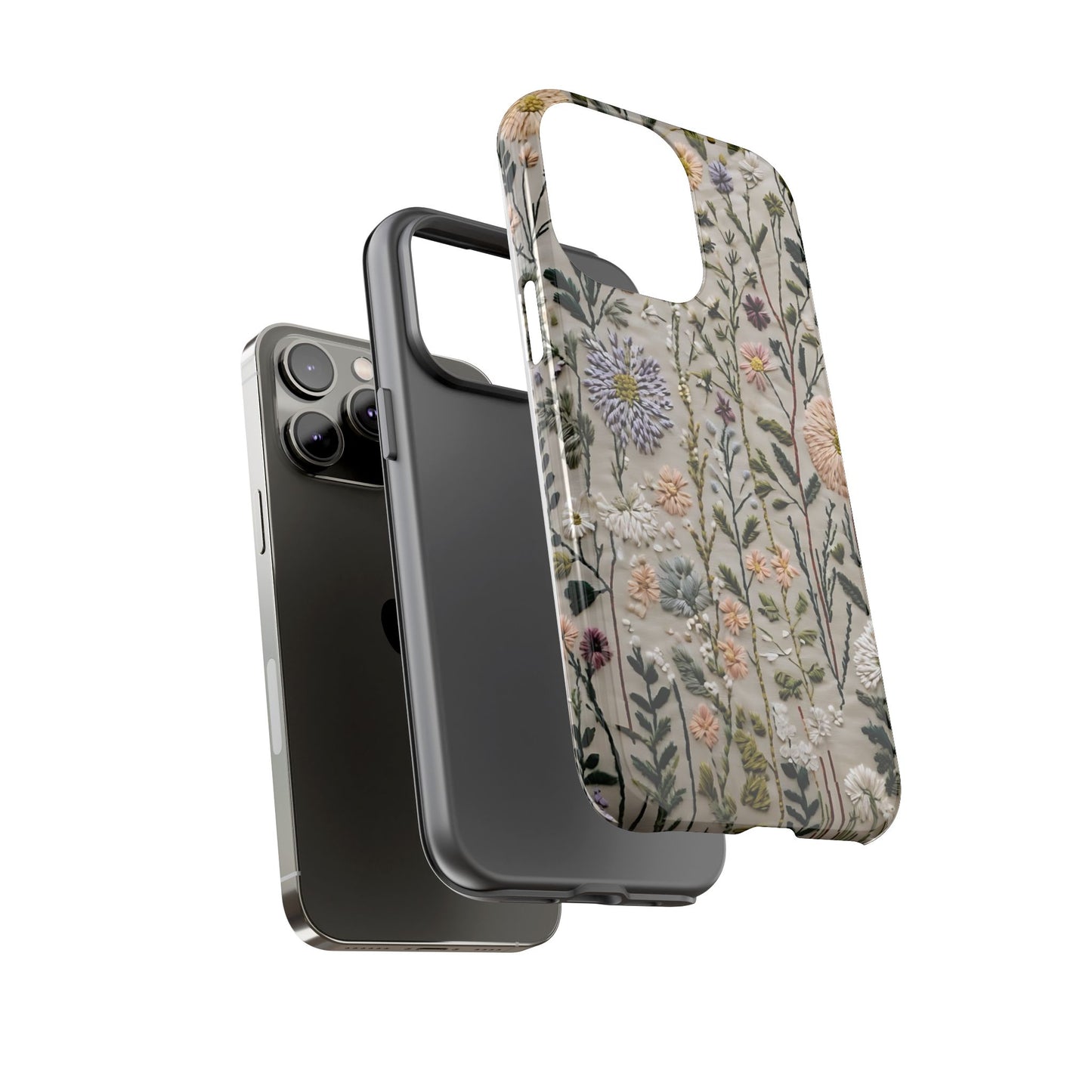 Intricate Embroidery Artwork Featuring Botanical Elements On Beige phone case design.