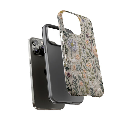 Intricate Embroidery Artwork Featuring Botanical Elements On Beige phone case design.