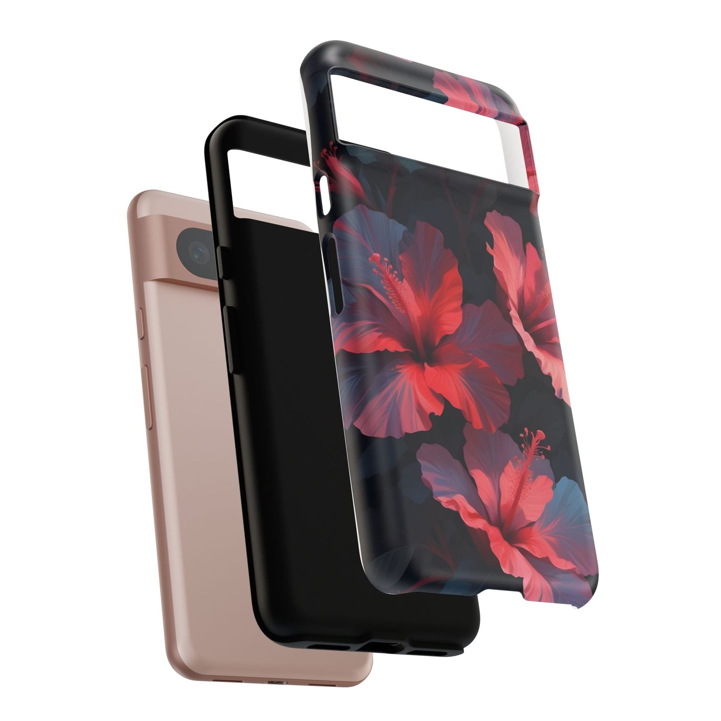 Vibrant red and pink hibiscus flowers blooming against a dark background| Floral phone case design