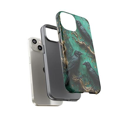 Three Black Ravens Perched On Gold-Accent Branches phone case design