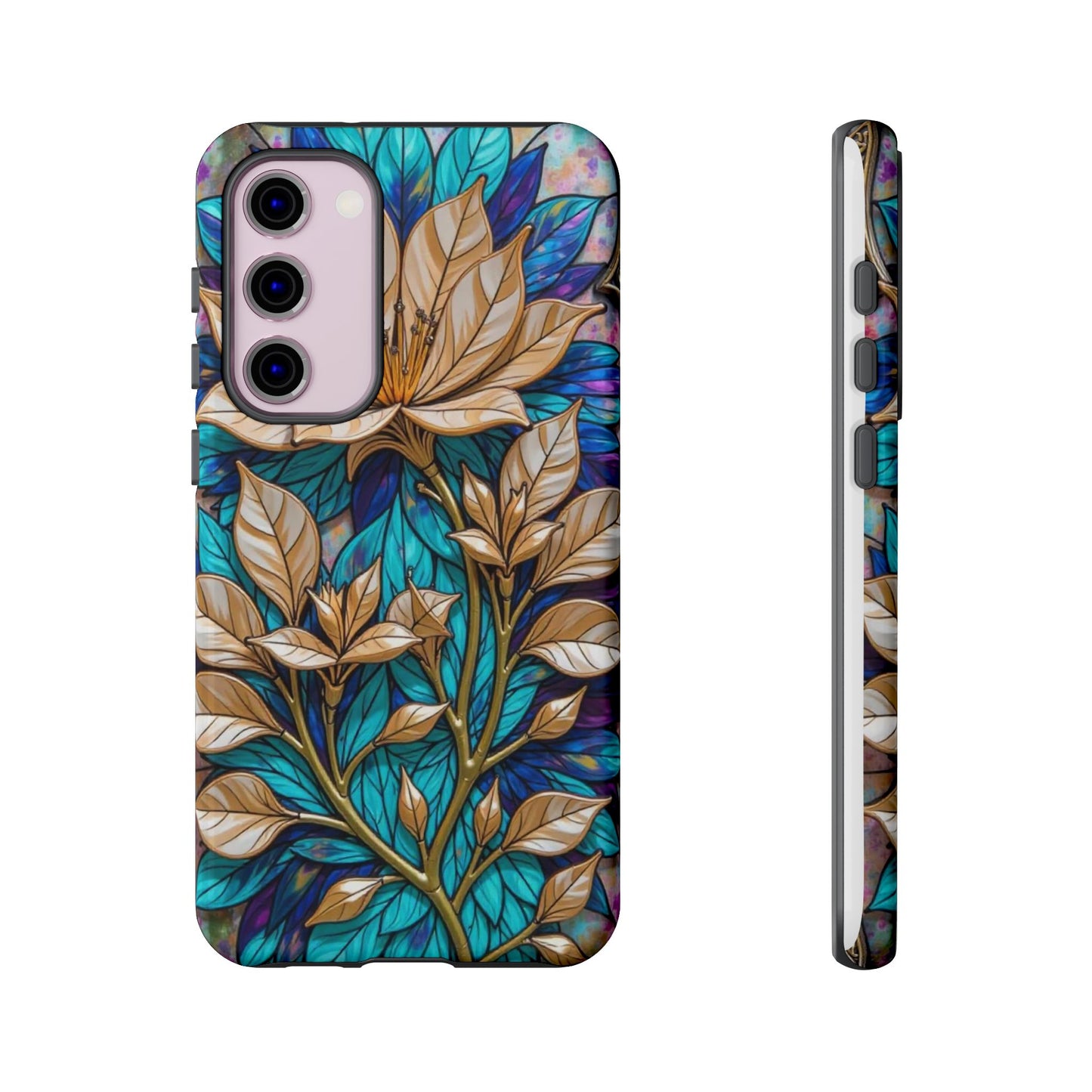 Majestic Golden Blossoms on Mosaic Blue Splendor