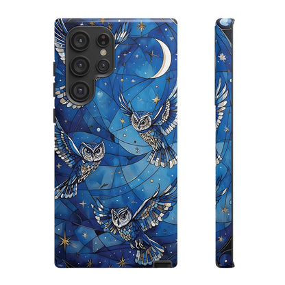 Surrealistic Owls Soaring Through A Celestial Night Sky phone case design.