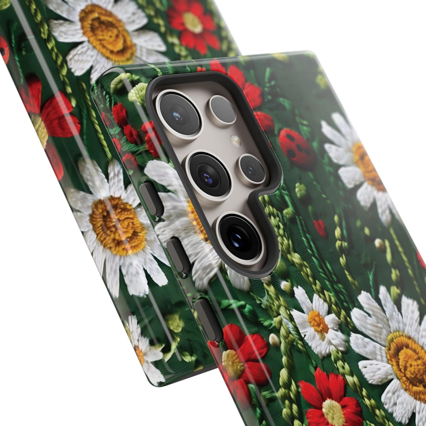 Intricate Embroidered Fabric Featuring Daisies And Ladybugs phone case design