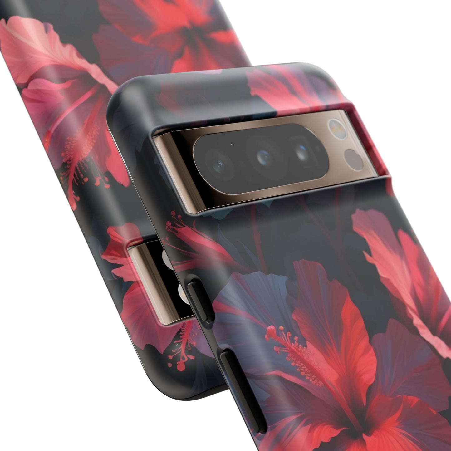 Vibrant red and pink hibiscus flowers blooming against a dark background| Floral phone case design