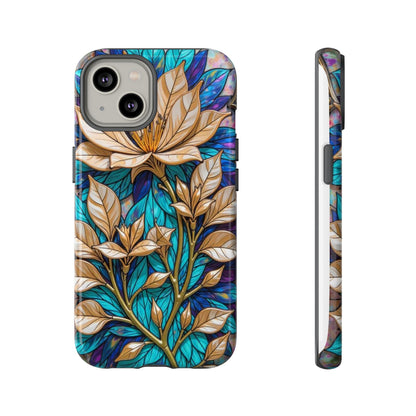 Majestic Golden Blossoms on Mosaic Blue Splendor