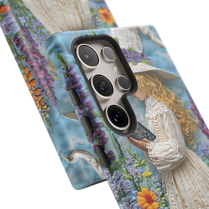 Whimsical Embroidery Of A Girl Reading In A Garden phone case design.
