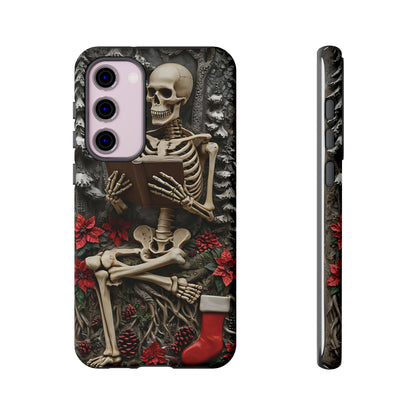 Surreal Relief Sculpture of Skeleton Reading Amidst Festive Decor phone case design