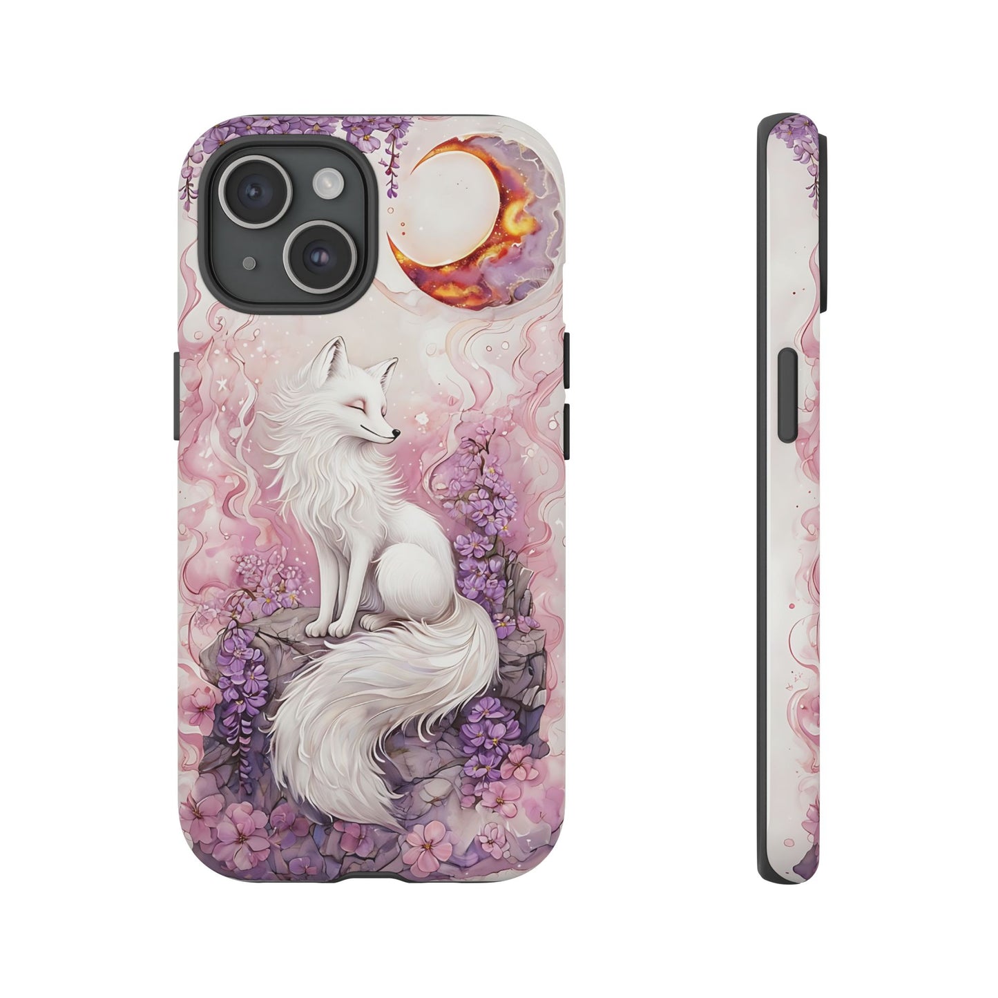 Whimsical White Fox Surrounded By Lavender And Pink Blooms phone case design.