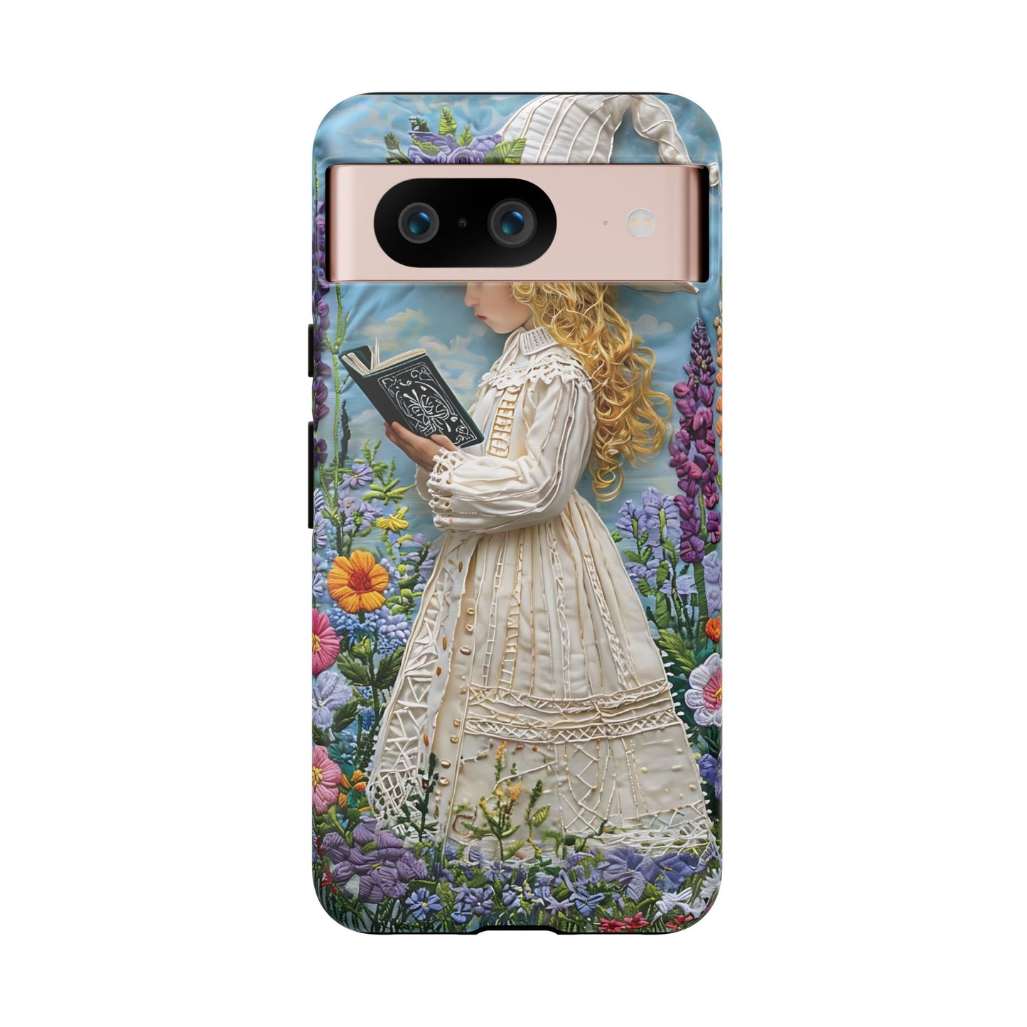 Whimsical Embroidery Of A Girl Reading In A Garden phone case design.