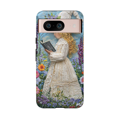 Whimsical Embroidery Of A Girl Reading In A Garden phone case design.