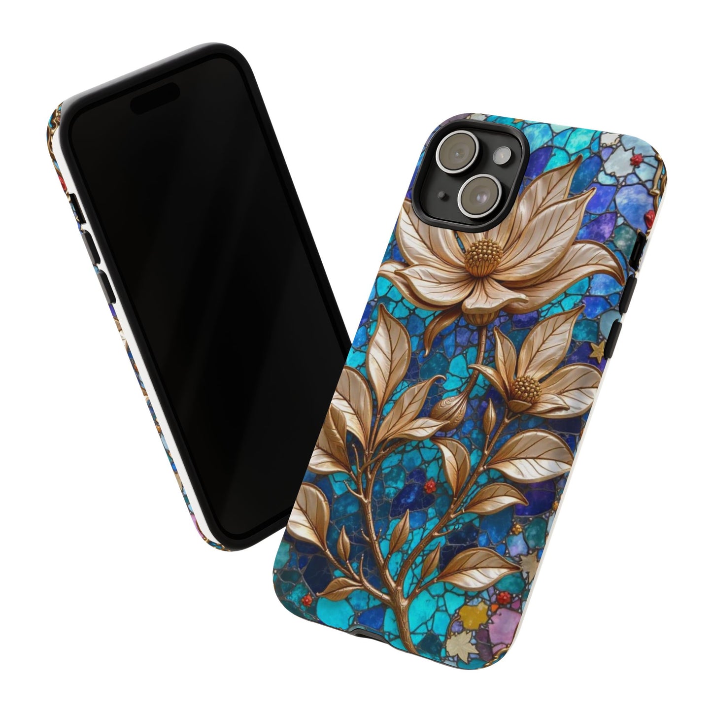 Golden Blossoms on Mosaic Blue Elegance