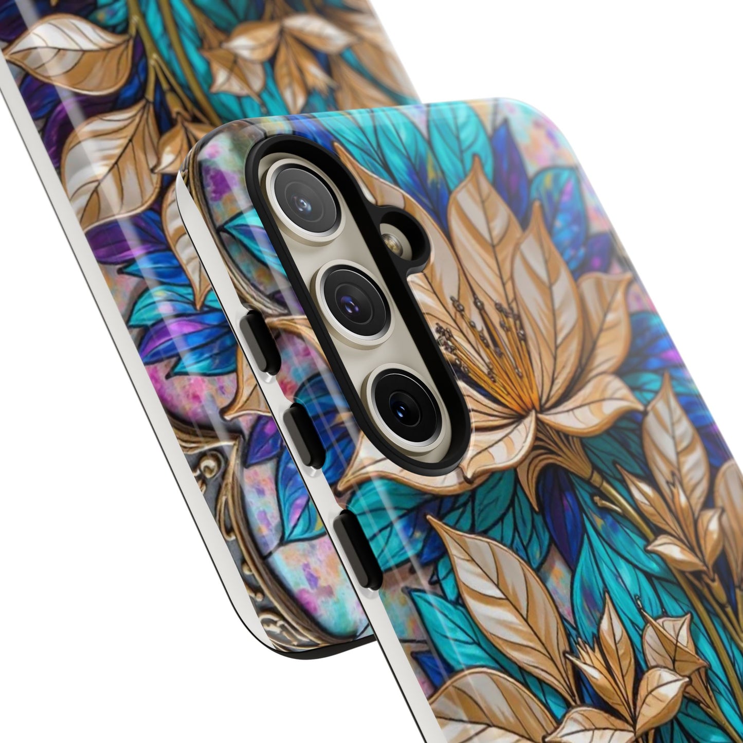 Majestic Golden Blossoms on Mosaic Blue Splendor